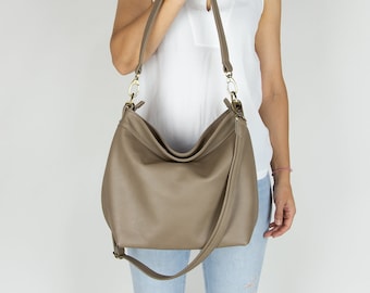 Soft Women's Hobo Bag | Taupe Medium Slouchy Handbag - Genuine Italian Hobo Purse