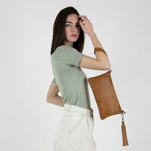 Tan leather wristlet purse for women - Small leather cross body bag -Small leather zipper pouch -Leather phone purse women - Girlfriend gift