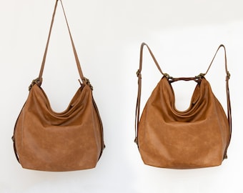 Tan convertible backpack purse - Convertible cross body bag - Large leather shoulder bag - Tan leather handbags -Oversized slouchy bag -Gift