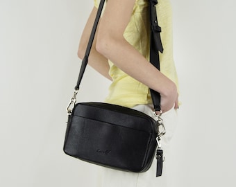 Black leather cross body bag - Black camera bag for women - Small black handbags - LISA collection