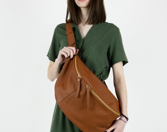Large fanny pack crossbody - Sling chest bag - Leather bum bag - Slouchy leather purse - Soft handbags - XXL Sling bag - Gift for wife bag