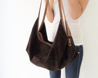 Large suede hobo bag - Soft leather bag - Slouchy leather bag - Large handbag - Suede shoulder bag -  DeLuna