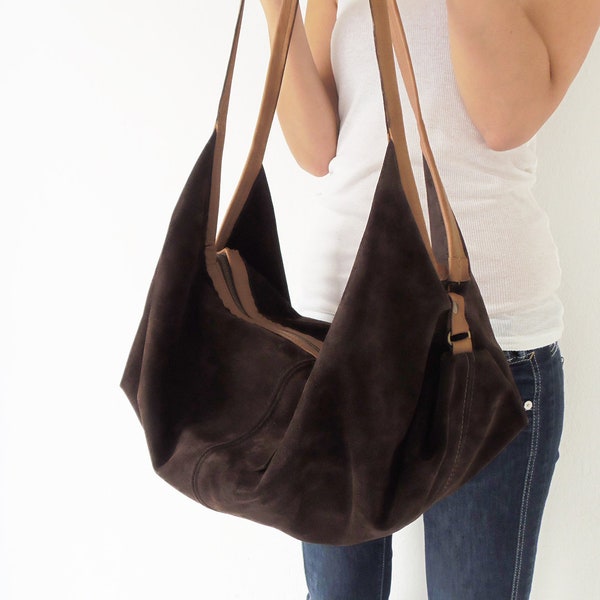 Grote suède hobo tas - Zachte leren tas - Slouchy leren tas - Grote handtas - Suède schoudertas - DeLuna