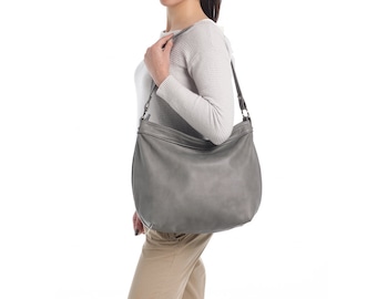 Large Grey Leather Hobo Bag – Nappa Leather Crossbody Laptop Purse - Women's Slouchy Shoulder Bag