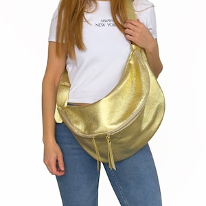 Large Metallic Gold Sling Bag- Gold leather bags - Gold metallic handbags - Oversized Fanny Pack for women -Slouchy large purse crossbody