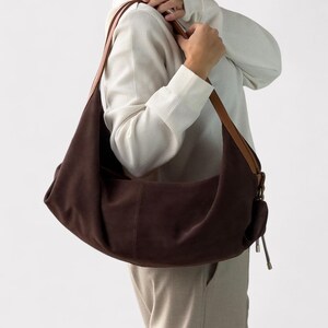 Brown suede leather bag - Large hobo bag - Slouchy handbag - Shoulder bag for women in suede - Oversized shoulder purse - Sling bag - Gift image 4