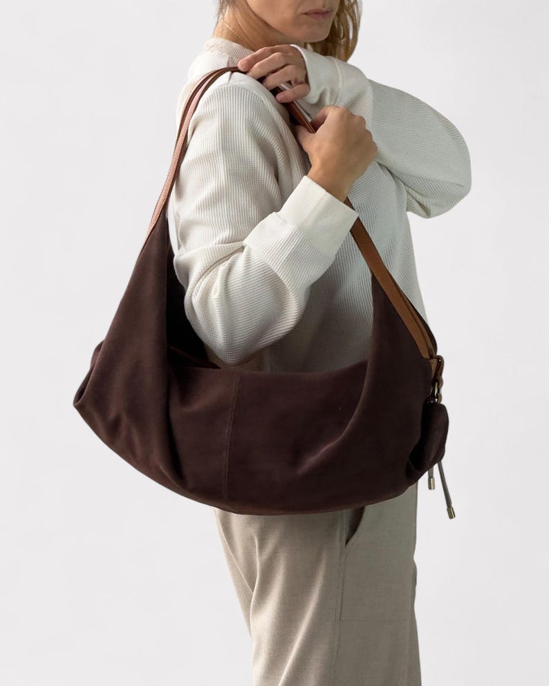 Brown suede leather bag - Large hobo bag - Slouchy handbag - Shoulder bag for women in suede - Oversized shoulder purse - Sling bag - Gift image 4