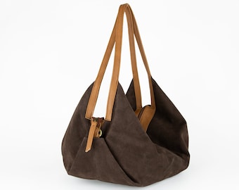 Brown suede leather bag - Large hobo bag - Slouchy handbag - Shoulder bag for women in suede