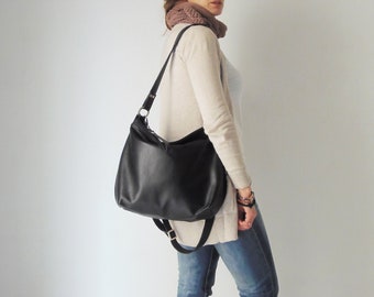 Bolsa de couro preta - Bolsa hobo de couro preta - Bolsa feminina de couro macio - Bolsa transversal hobo preta - Bolsa de ombro preta com caimento solto - Presente para ela