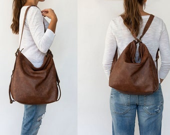 Brown leather shoulder bag - Slouchy hobo bag - Convertible leather hobo bag - Large soft handbag for women