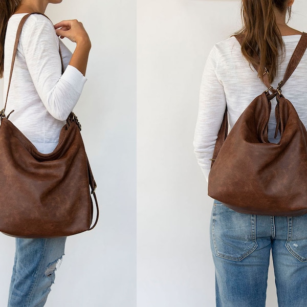 Borsa a tracolla in pelle marrone - Borsa hobo slouchy - Borsa hobo convertibile in pelle - Borsa grande morbida da donna