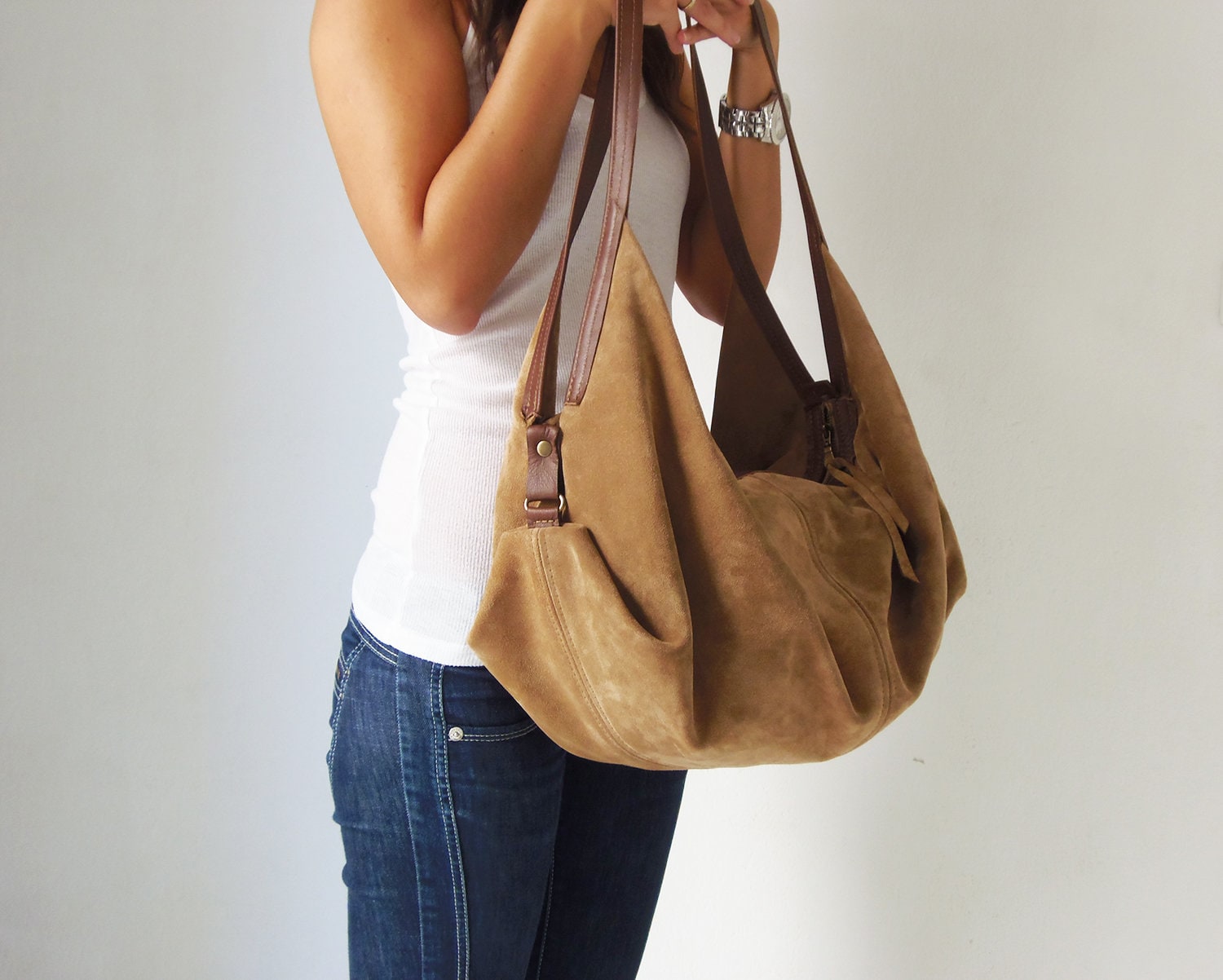 Slouchy Shoulder Bag For Women - Soft Suede Purse