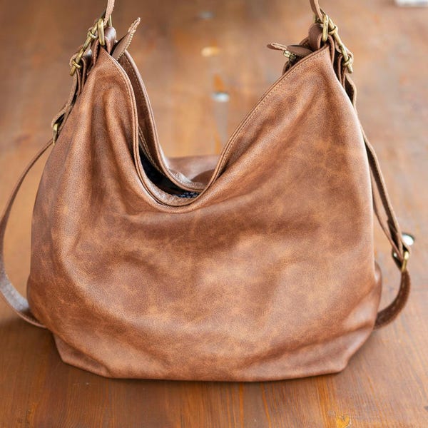 Brown leather hobo bag - Large soft purse  Convertible leather bags for women -Soft and slouchy leather bag - Convertible backpack crossbody
