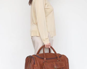 Vintage Leather Duffel Bag – Brown Weekender Travel Bag - Unisex Luggage Handbag