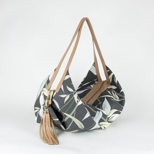 FINALE SALE - Floral shoulder bag with leather handles, Cotton canvas hobo purse,Everyday slouchy hobo bag, Hobo shoulder purse large - Gift