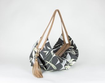 Floral Canvas Hobo Bag – Leather Handles, Slouchy Shoulder Purse