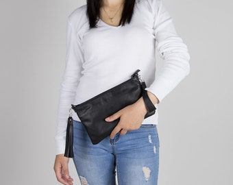 Bolso de cuero bandolera pequeño negro - Bolso de pulsera negro - Bolso de teléfono bolso de pulsera - Embrague de bolso bandolera suave - Regalo para ella - Embrague delgado