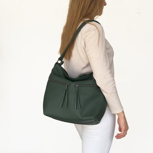 Green women&#39;s leather bag - Leather hobo bag - Slouchy purse - Soft leather handbag - Leather bag with zippers - Crossbody hobo purse - Gift