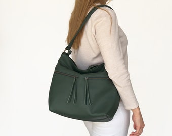 Green women's leather bag - Leather hobo bag - Slouchy purse - Soft leather handbag - Leather bag with zippers - Crossbody hobo purse - Gift