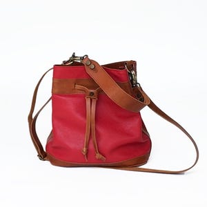Women&#39;s Leather Bucket Bag - Drawstring purse - Cinch bag - Soft bucket bag - Red bucket bag - Soft red leather bag - Crossbody bucket bag