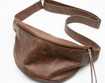 Brown leather fanny pack - Unisex Chest bag - Leather sling bag - Crossbody bag bum bag - Leather Banana bag brown - Small unisex sling bag