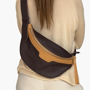 Soft Leather Fanny Pack - Women&#39;s Sling Bag - Crossbody Bum bag - Belt Bag - Two-Tone waist bag - Hip bag -Personalised Purse - Gift for her