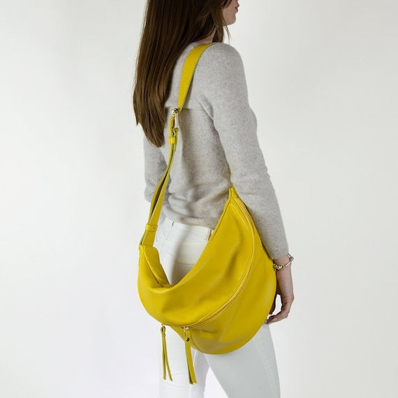 Yellow Leather Fanny Pack, Oversized Sling Crossbody Bag - Italian Large Soft Sling Purse