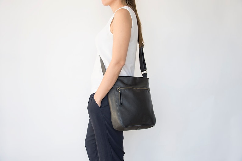 Black crossbody bag for women in genuine leather Large | Etsy