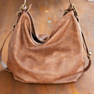 Sac hobo en cuir marron - Grand sac à main souple Sacs en cuir convertibles pour femme - Sac en cuir souple et souple - Sac à dos convertible en bandoulière