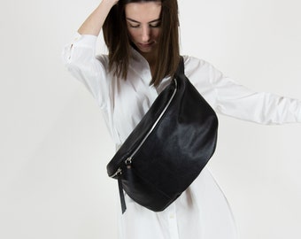 Riñonera de cuero negro - Bolso de cabestrillo grande para mujer - Riñonera negra grande -Bolso de pecho de cabestrillo de gran tamaño -Bolso de cabestrillo negro XXL - Regalo para ella