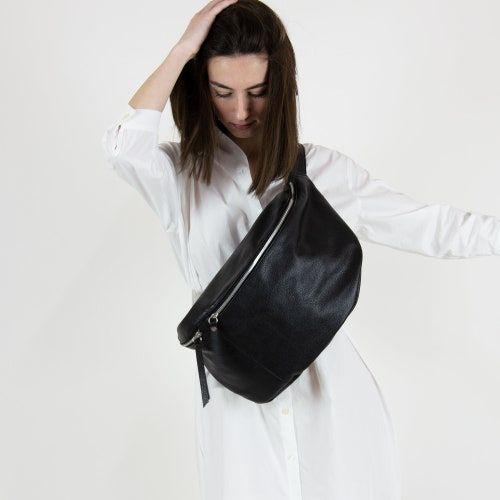 Black Leather Sling Backpack for Women Large Crossbody Sling Etsy