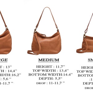 May include: Three tan hobo bags in large, medium, and small sizes. Large: 13" H, 14.4" top width, 16.2" bottom width, 5.6" D, 11-11.7" drop. Medium: 11.7" H, 13.4" top width, 14.4" bottom width, 5.5" D, 11-11.7" drop. Small: 8.7" H, 10.7" top width, 11.9" bottom width, 4.6" D, 10" drop.