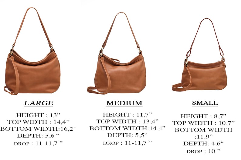 May include: Three tan hobo bags in large, medium, and small sizes. Large: 13" H, 14.4" top width, 16.2" bottom width, 5.6" D, 11-11.7" drop. Medium: 11.7" H, 13.4" top width, 14.4" bottom width, 5.5" D, 11-11.7" drop. Small: 8.7" H, 10.7" top width, 11.9" bottom width, 4.6" D, 10" drop.