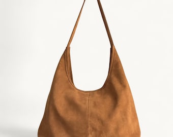Beige Wildleder Hobo Bag - Italienische Leder Schultertasche mit Reißverschluss