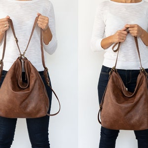 Sac à bandoulière en cuir marron Sac hobo Slouchy Sac hobo en cuir convertible Grand sac à main souple pour femmes image 3