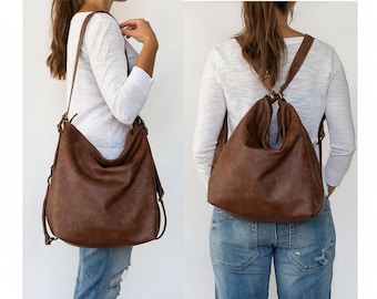 Brown leather shoulder bag - Slouchy hobo bag - Convertible leather hobo bag - Large soft handbag for women - Convertible laptop bag - Gift