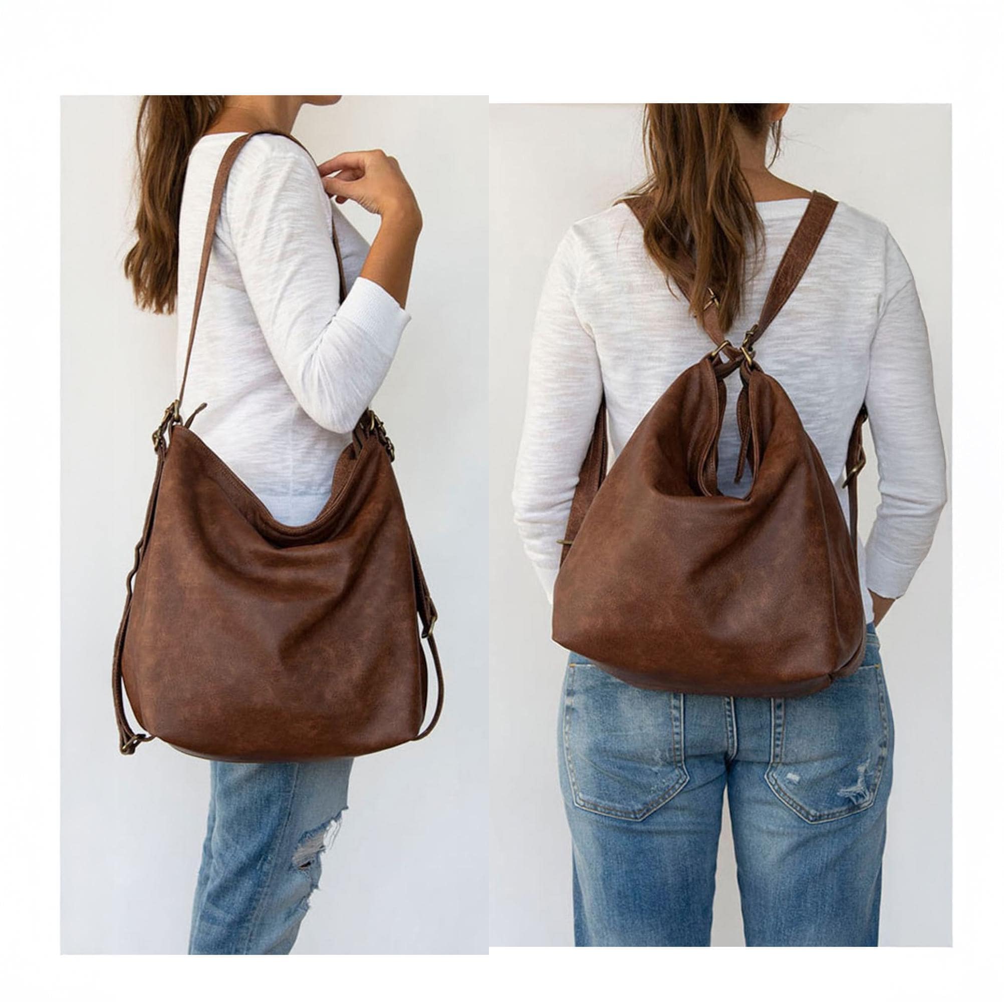 brown leather hobo backpack Brown leather shoulder bag - Slouchy hobo bag - Convertible leather hobo bag - Large soft handbag for women - Convertible laptop bag