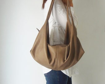 Taupe leather shoulder bag - Women slouchy leather purse - Large leather bag - Soft leather bag - DeLUNA bag