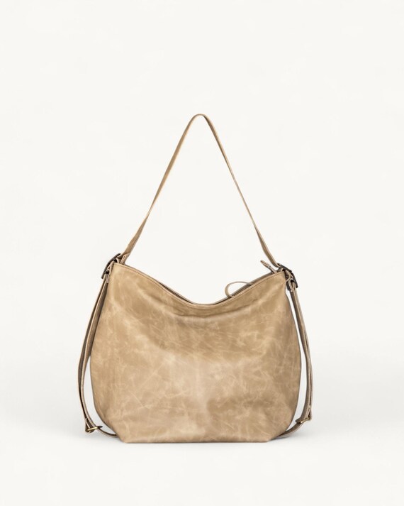 Beige Convertible Leather Hobo Bag – Large 3-in-1 Crossbody  display picture 3