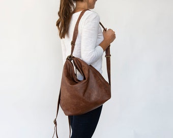 Brown convertible leather backpack - Convertible shoulder bag - Soft hobo bag - Convertible leather bags