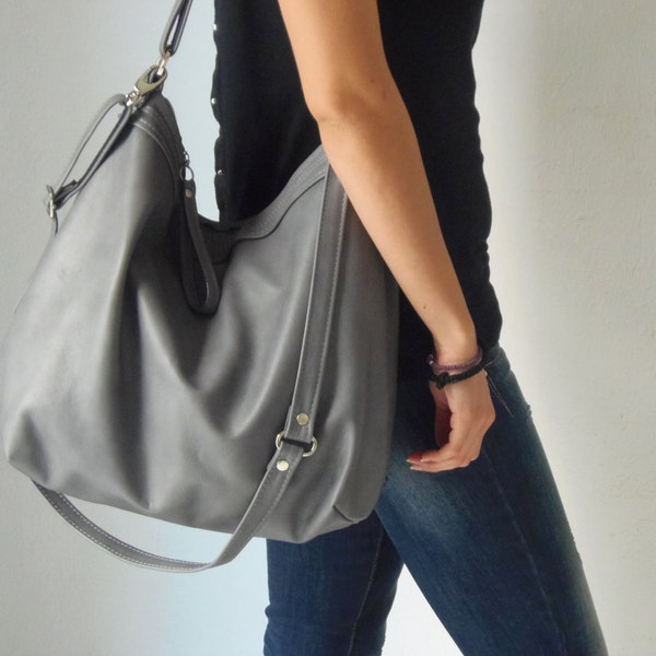Grey leather  bag -  Leather hobo bag - Soft leather bag - Laptop bag - LARGE HELEN bag