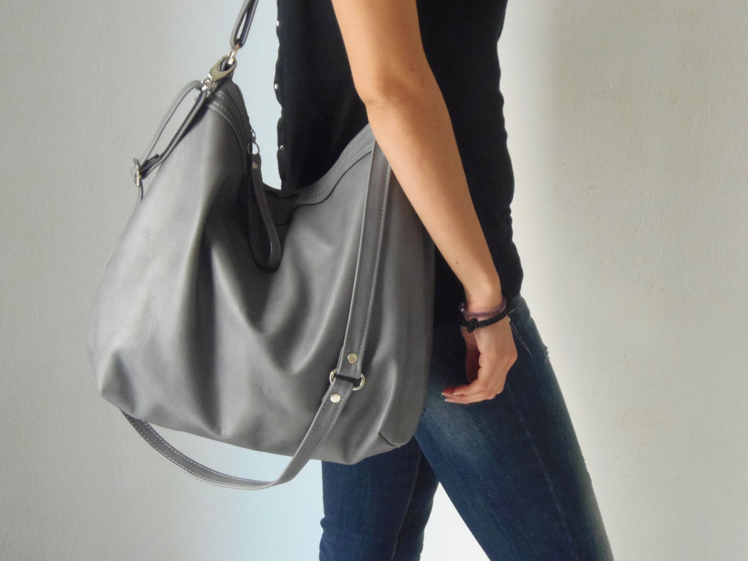 Silver Metallic Suede Leather Hobo Handbag