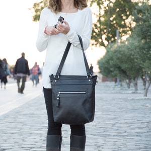 Large Black Women&#39;s Leather Tote - Oversized black leather handbag - Laptop Tote Bag - Large shopper Tote - Crossbody tote - Gift for her