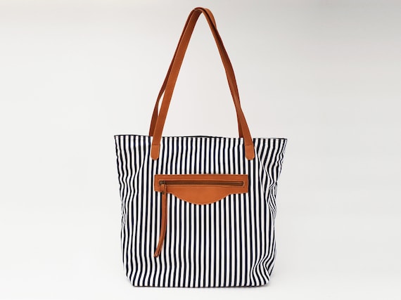 Navy Blue and White Stripes Cotton Bag Large Nautical Tote Bag With Zippers Summer Beach Bag With Zippers NAXOS Tote Bag Etsy Canada