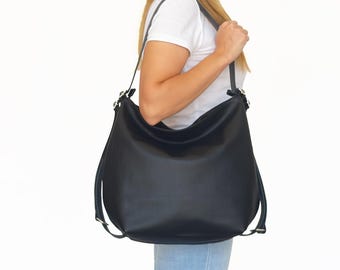 Black Pebbled Vegan Leather Convertible Backpack Shoulder Tote Hobo Bag Merrin Convertible Backpack In Pebbled Leather - Black – HOBO main image 4