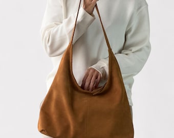 Italienische Wildleder Hobo Bag - Hellbraune Leder Schulter Geldbörse, Slouchy Tote mit Reißverschluss