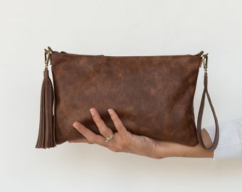 Porte-monnaie en cuir marron pour femme - Grande pochette de poignet - Pochette en cuir souple en cuir vieilli - CLATSI