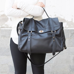 Sac noir à poignée supérieure - Sac besace en cuir noir - Sacoche en cuir - Sac besace pour ordinateur portable - Porte-documents en cuir - Cadeau pour elle - Sac de bureau
