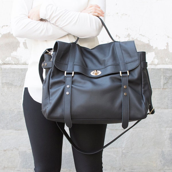 Black leather messenger bag - Leather satchel - Laptop messenger bag - Leather Briefcase - MELINA bag