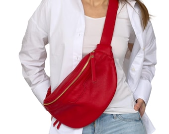 Red Leather Fanny Pack – Personalized Italian Leather Belt Bag - Soft Women's Sling Bag Medium